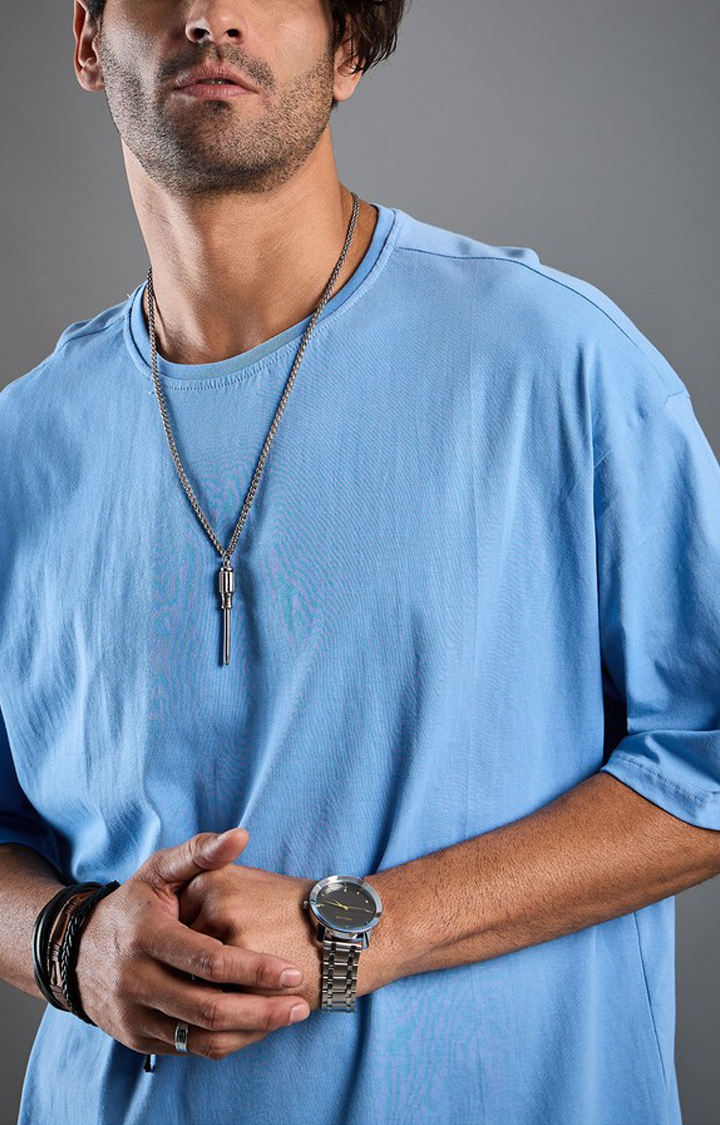Chimpaaanzee Men Cotton Blue Solid Oversized T-shirt