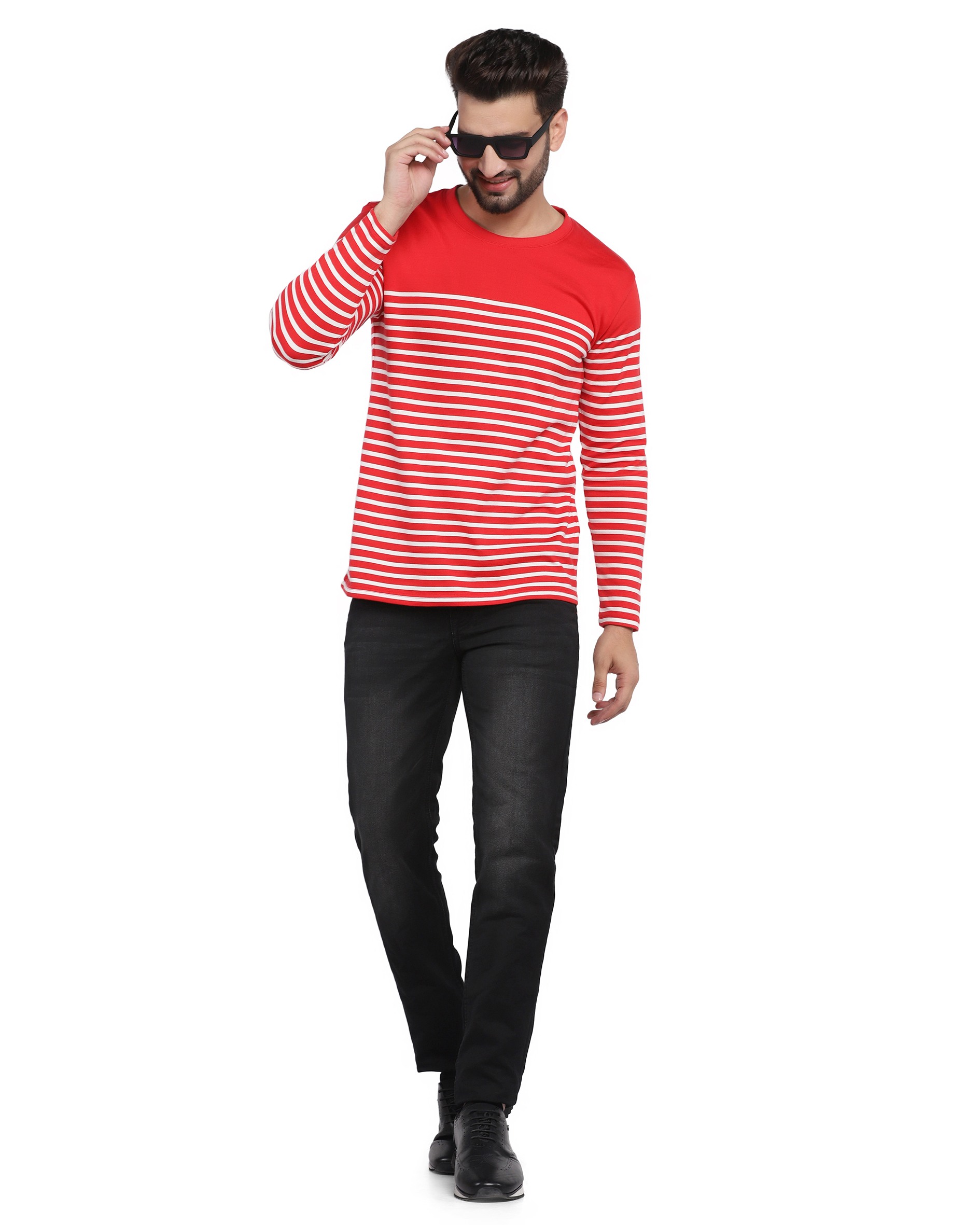 Red & White Full Sleeve Striped T-Shirt