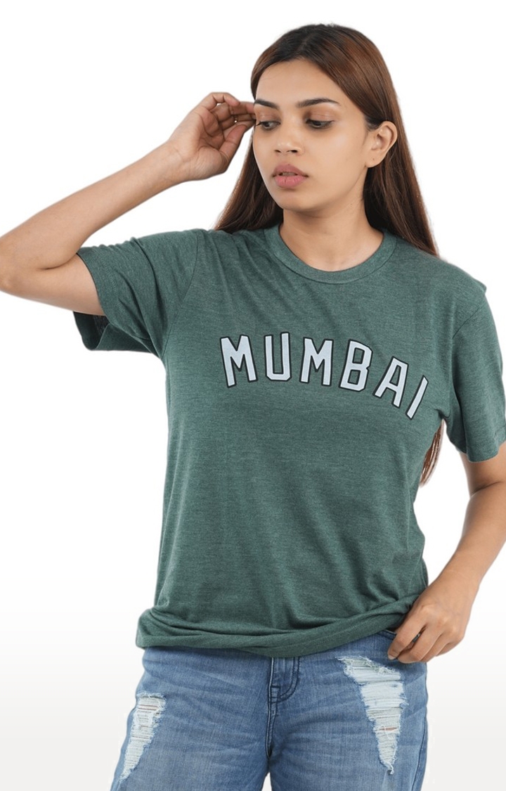 Unisex Mumbai Curved Typo Tri-Blend T-Shirt in Bottle Green