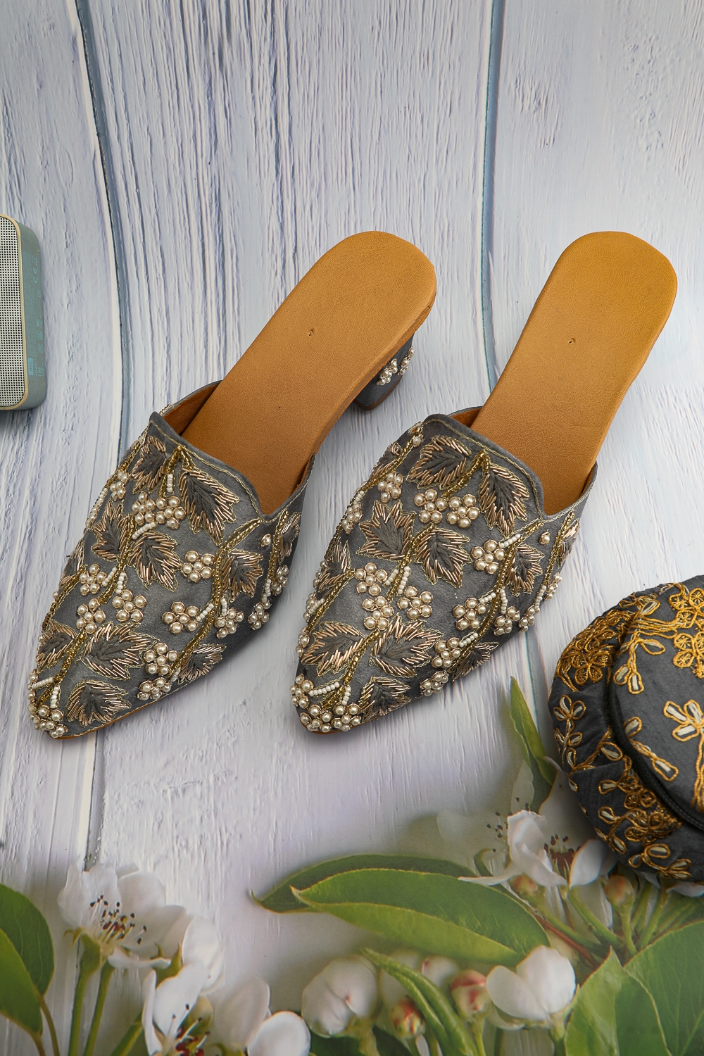 Grey Ethnic Embroidered HANDCRAFTED MULES
