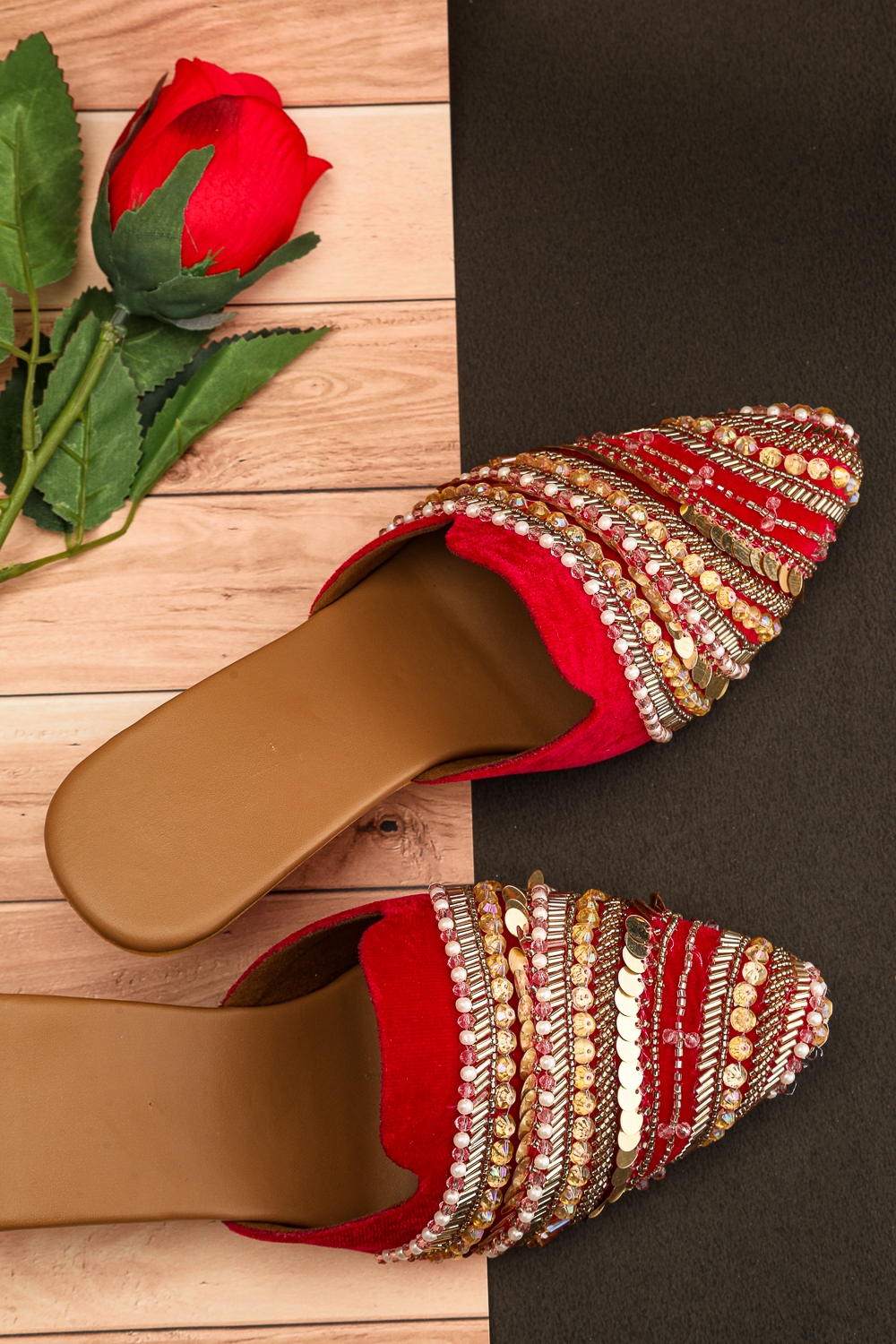 Embellished Red Handcrafted Mules