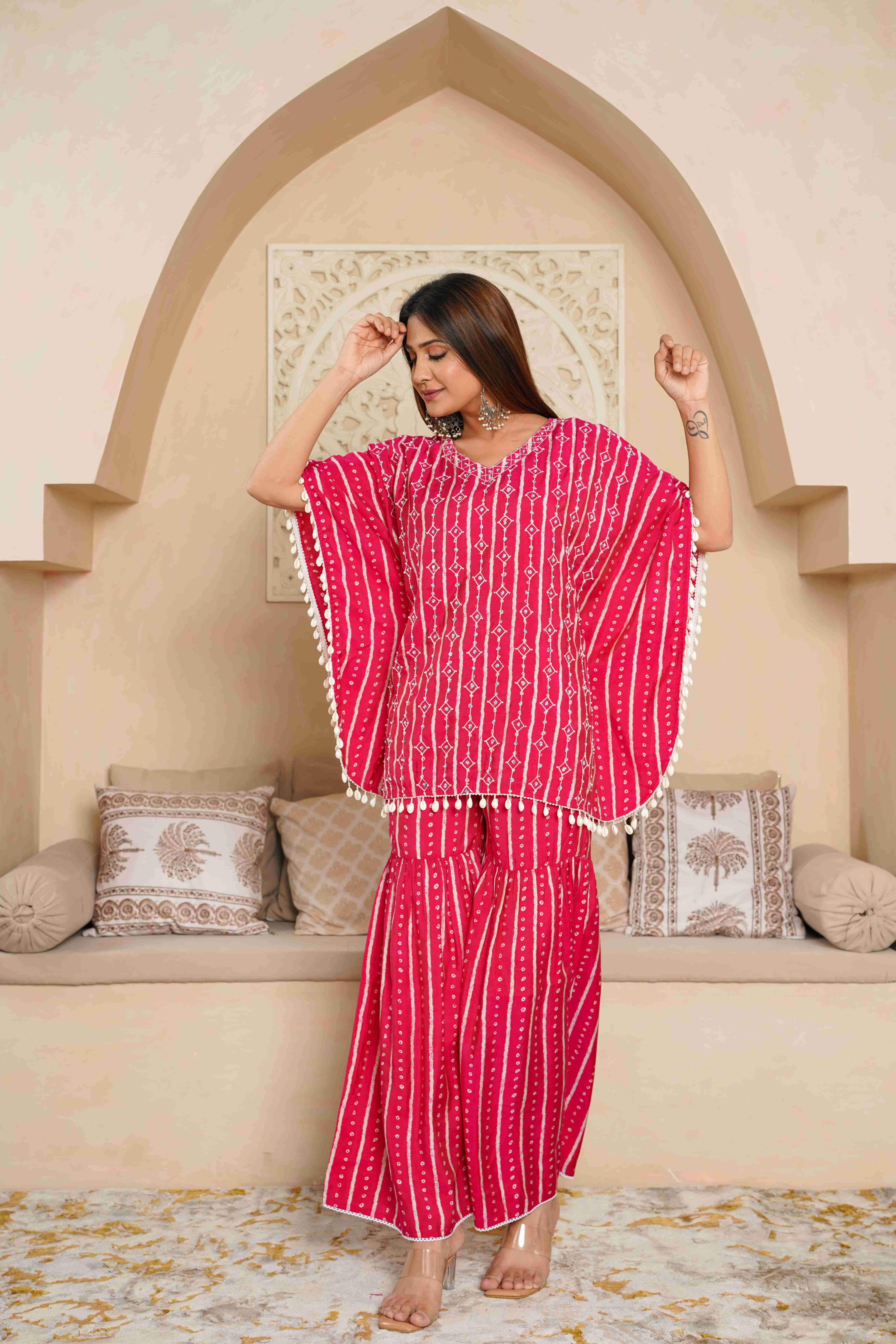 Printed Pink embroidered kaftan top with sharara