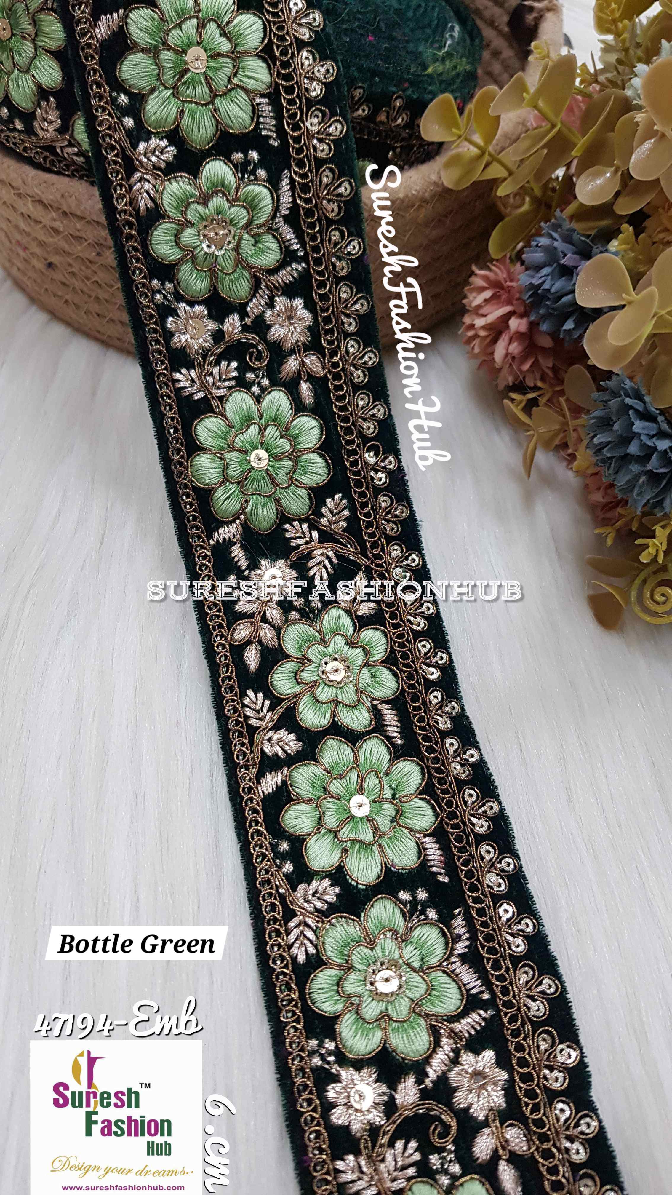 Bottle Green Velvet Multicolor Floral Embroidery Lace