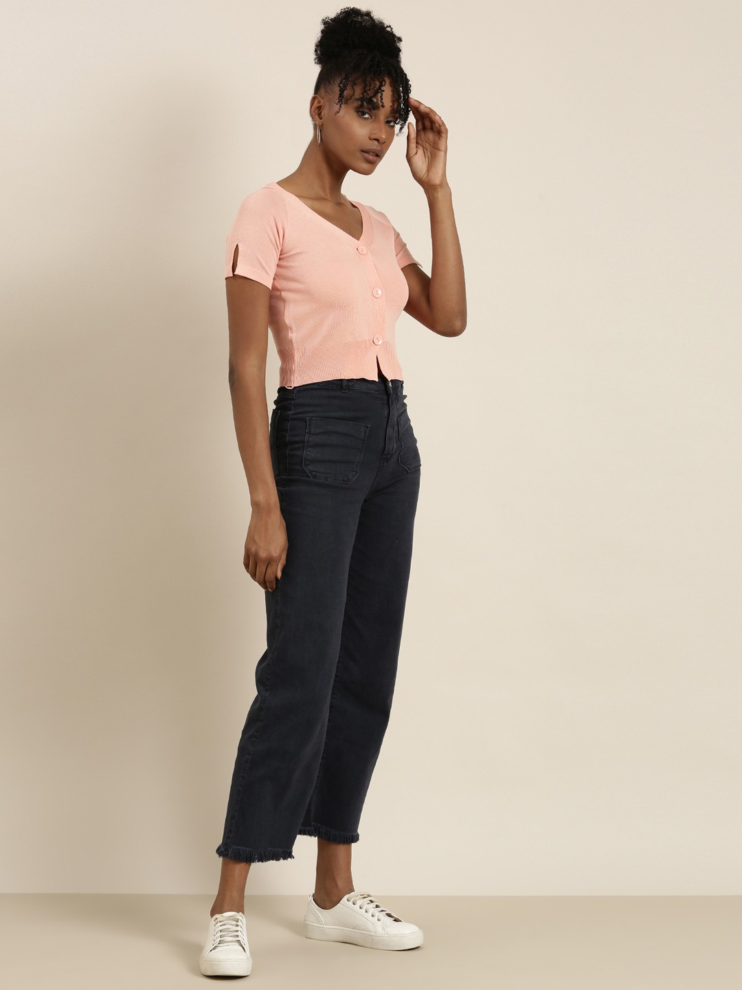 SHOWOFF Women's V-Neck Solid Peach Crop Top