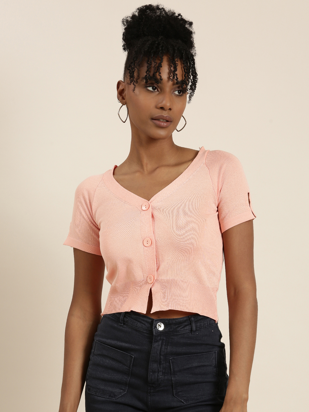 SHOWOFF Women's V-Neck Solid Peach Crop Top
