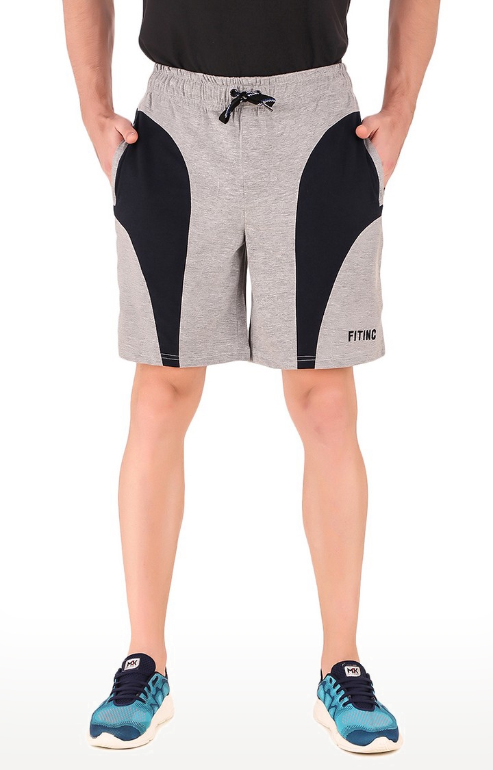 Fitinc | Men's Grey Cotton Blend Colourblock Activewear Shorts 0