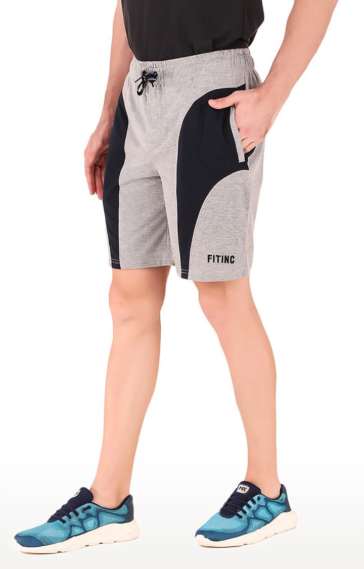 Fitinc | Men's Grey Cotton Blend Colourblock Activewear Shorts 2
