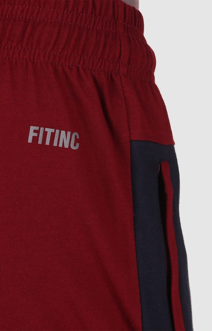 Fitinc | Men's Maroon Cotton Blend Colourblock Activewear Shorts 4