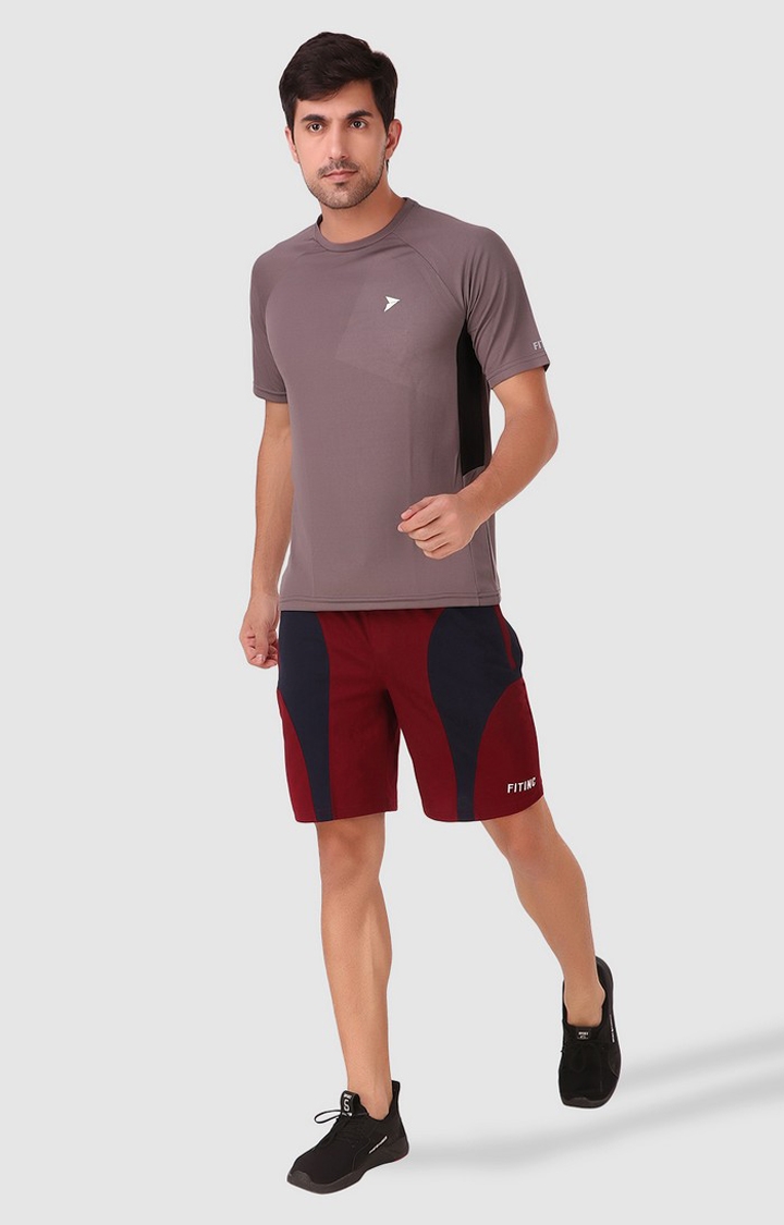 Fitinc | Men's Maroon Cotton Blend Colourblock Activewear Shorts 1