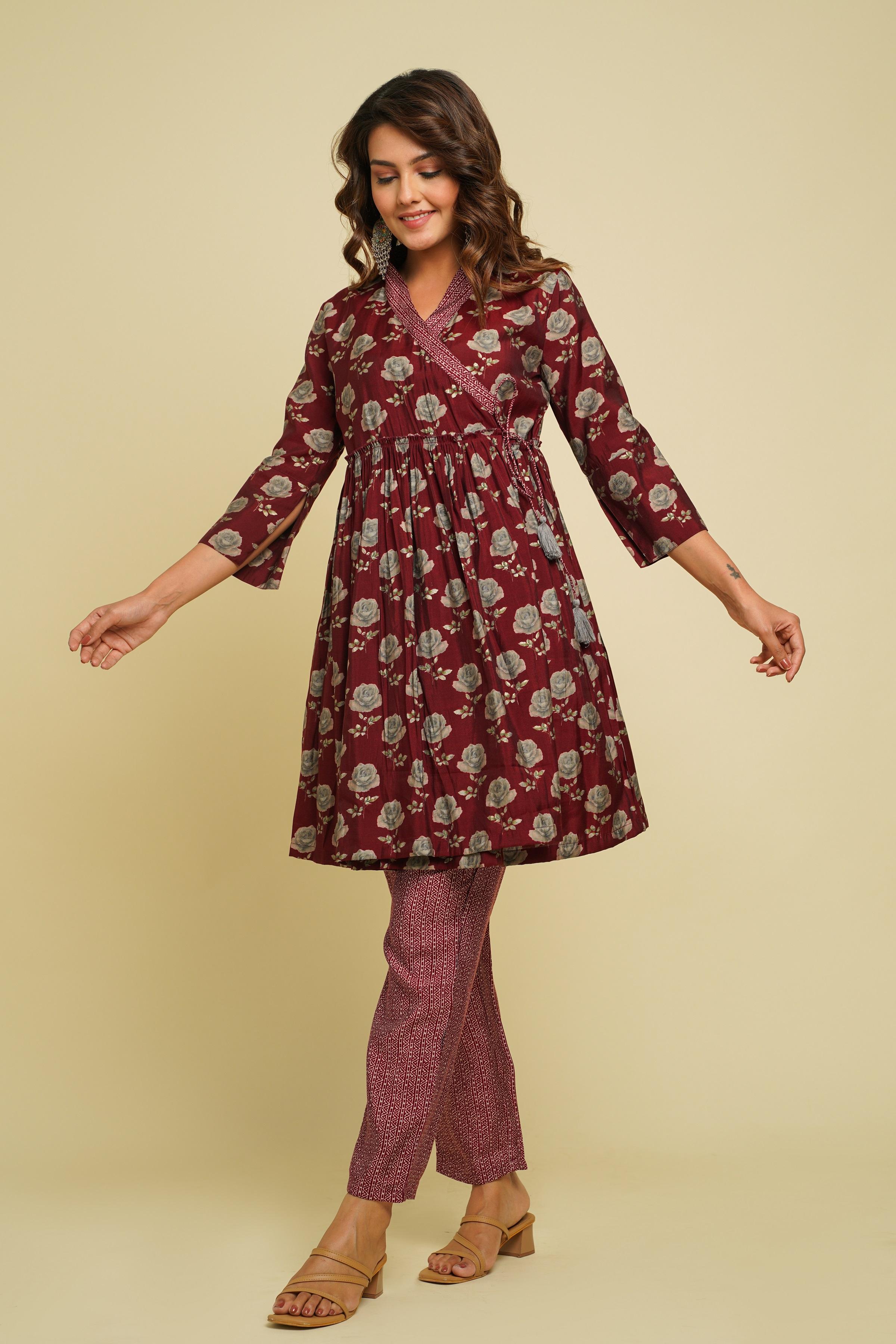 MAROON PRINTED ANGRAKHA C0-ORD SET