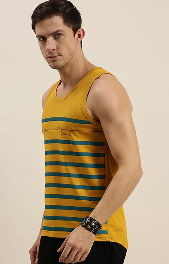 Men's Yellow Cotton Striped Vests