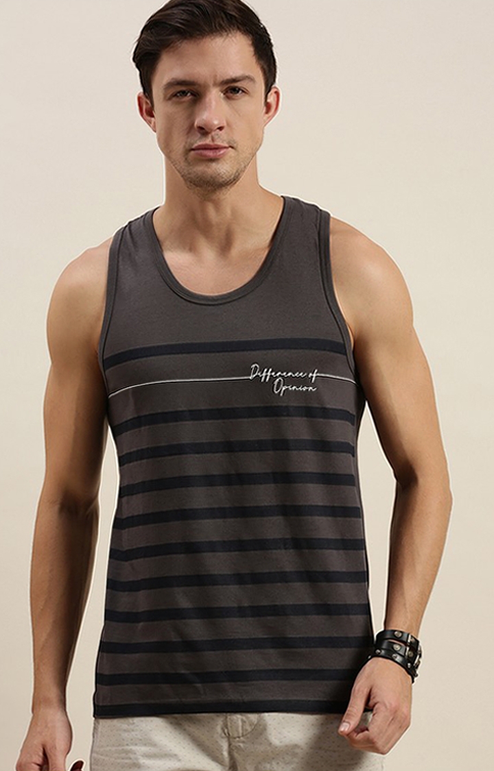 Difference of Opinion | Men's Grey Cotton Striped Vests 0