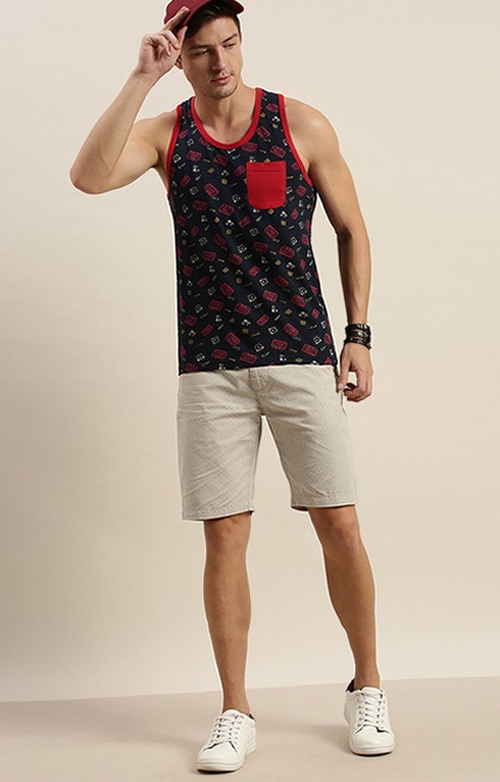 Men's Blue Cotton Printed Vests