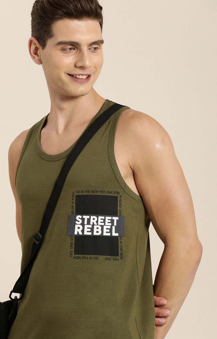 Men's  Olive Typographic Sleeveless T-Shirt