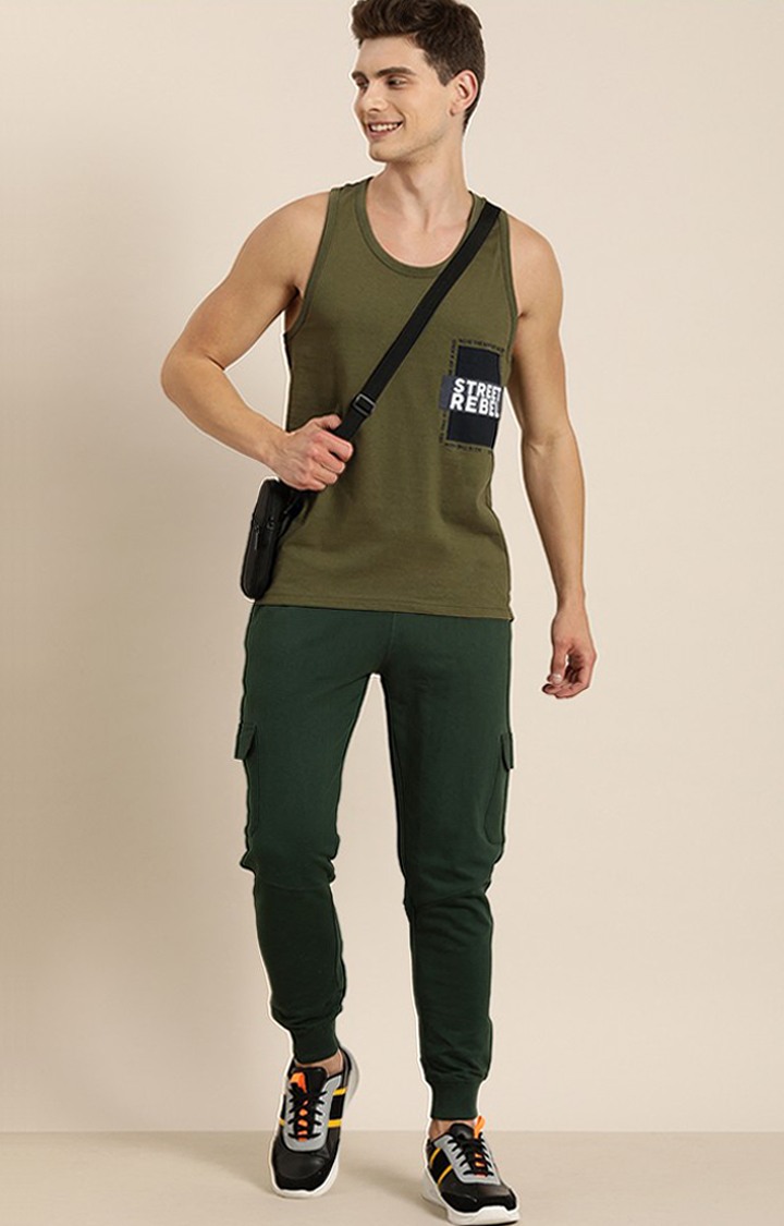 Men's  Olive Typographic Sleeveless T-Shirt