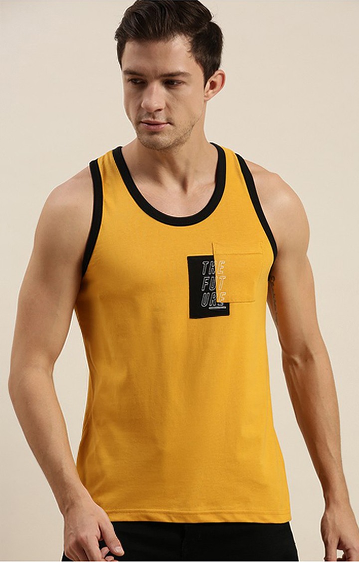 Men's Yellow Cotton Printed Vests