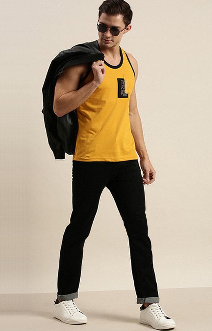 Men's Yellow Cotton Printed Vests