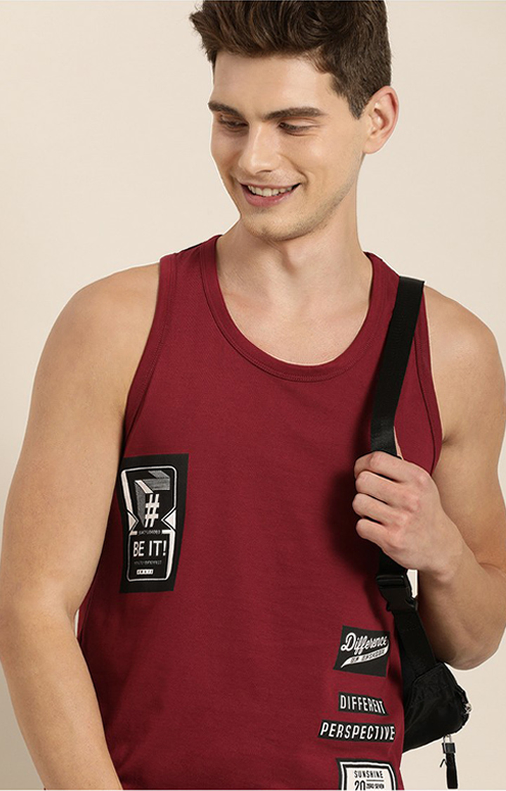 Men's Red Cotton Solid Vests