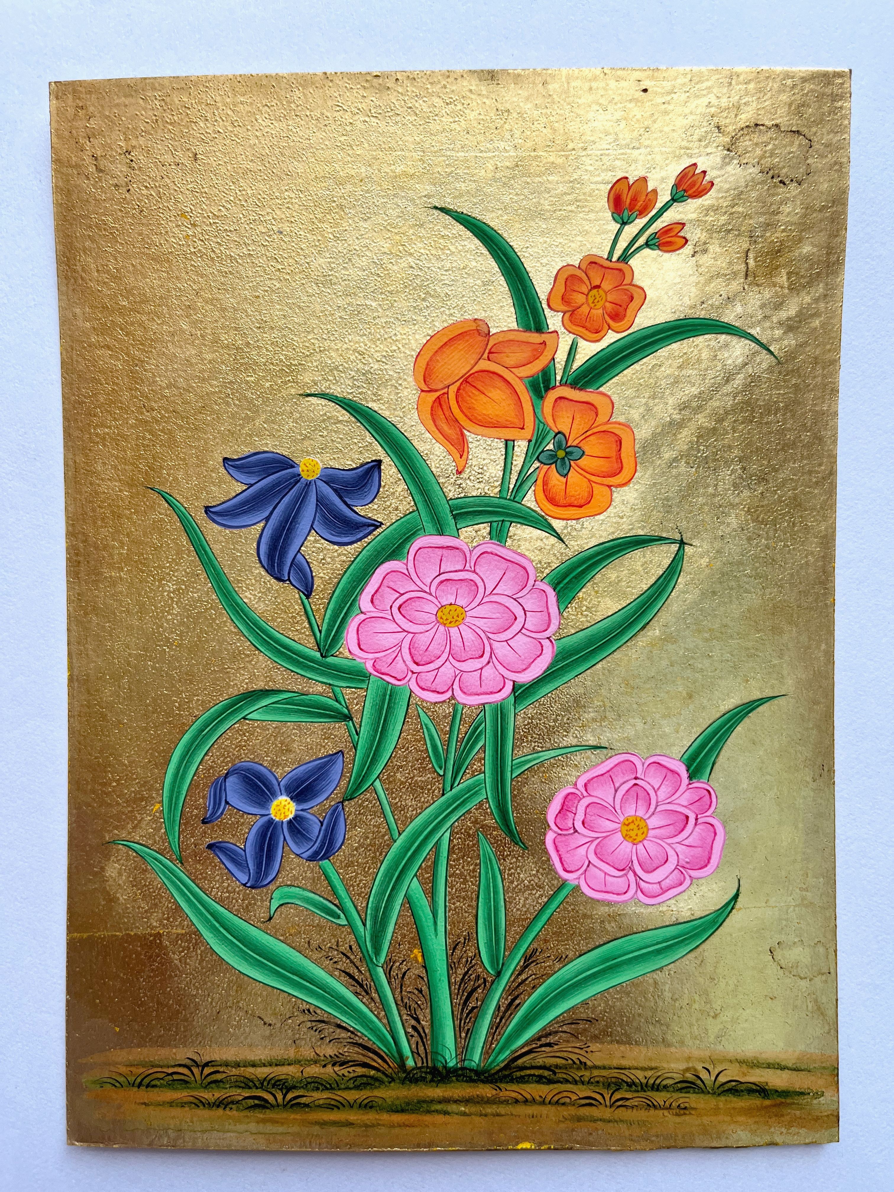Mughal Flowers Painting On Gold Foil