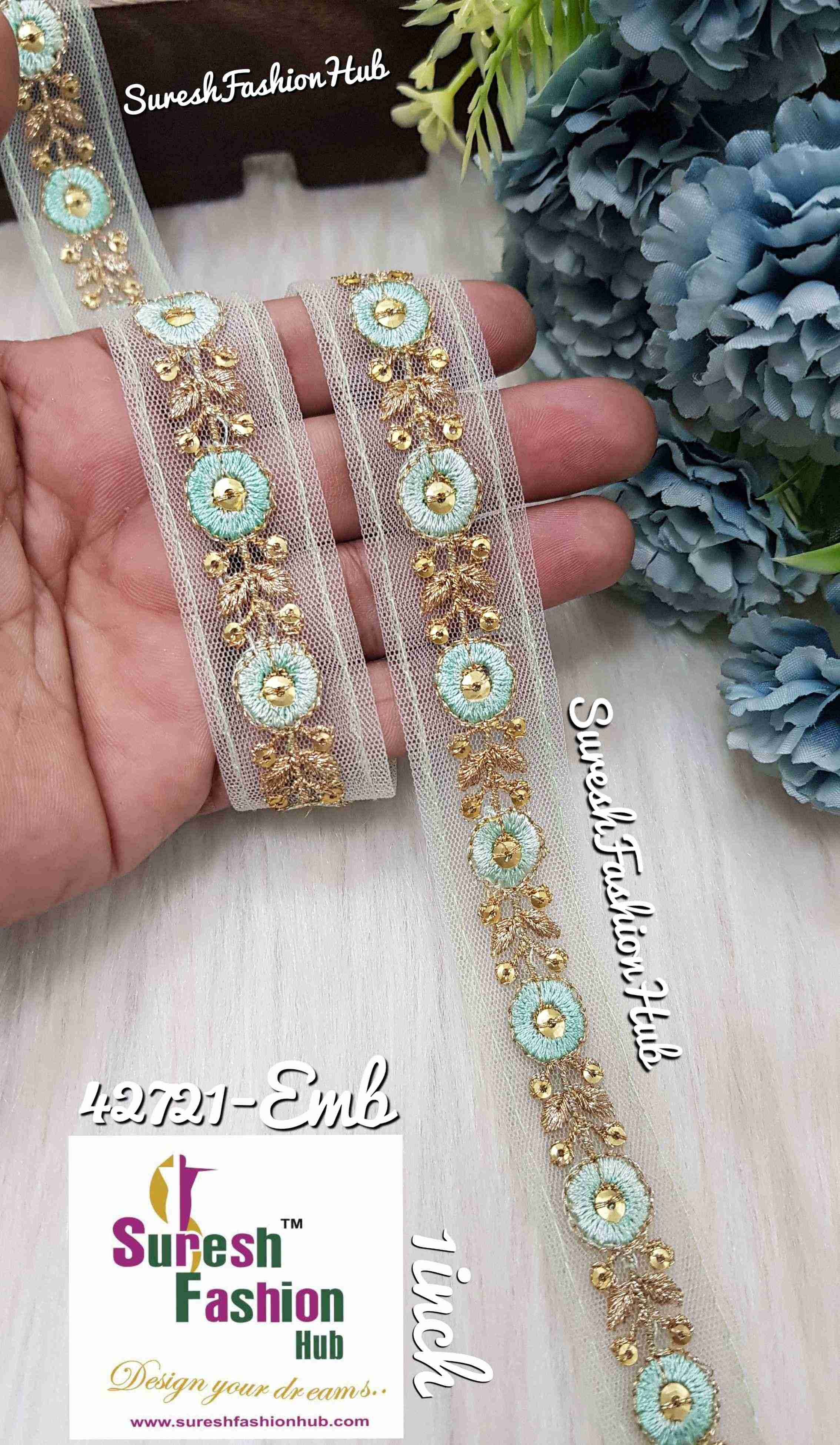 Light Sea Green Threaded  Petals with Zari Embroidered Trim