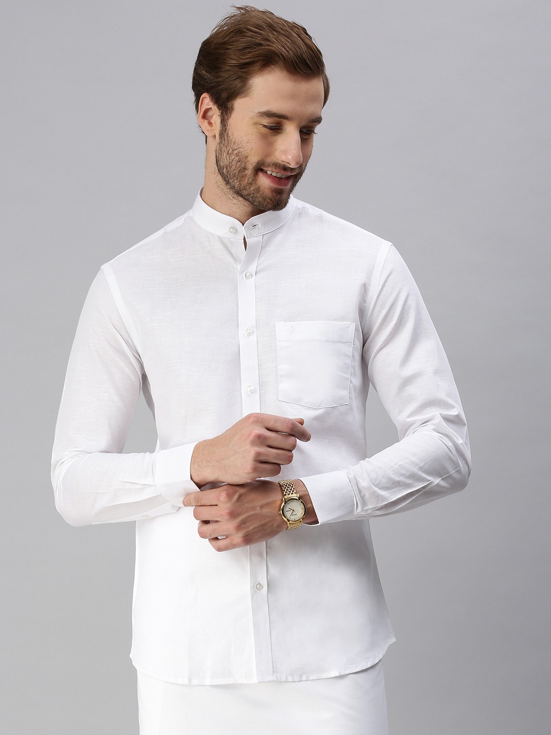 Alaya Cotton Mens Cotton Linen Mandarin Collar White Shirt