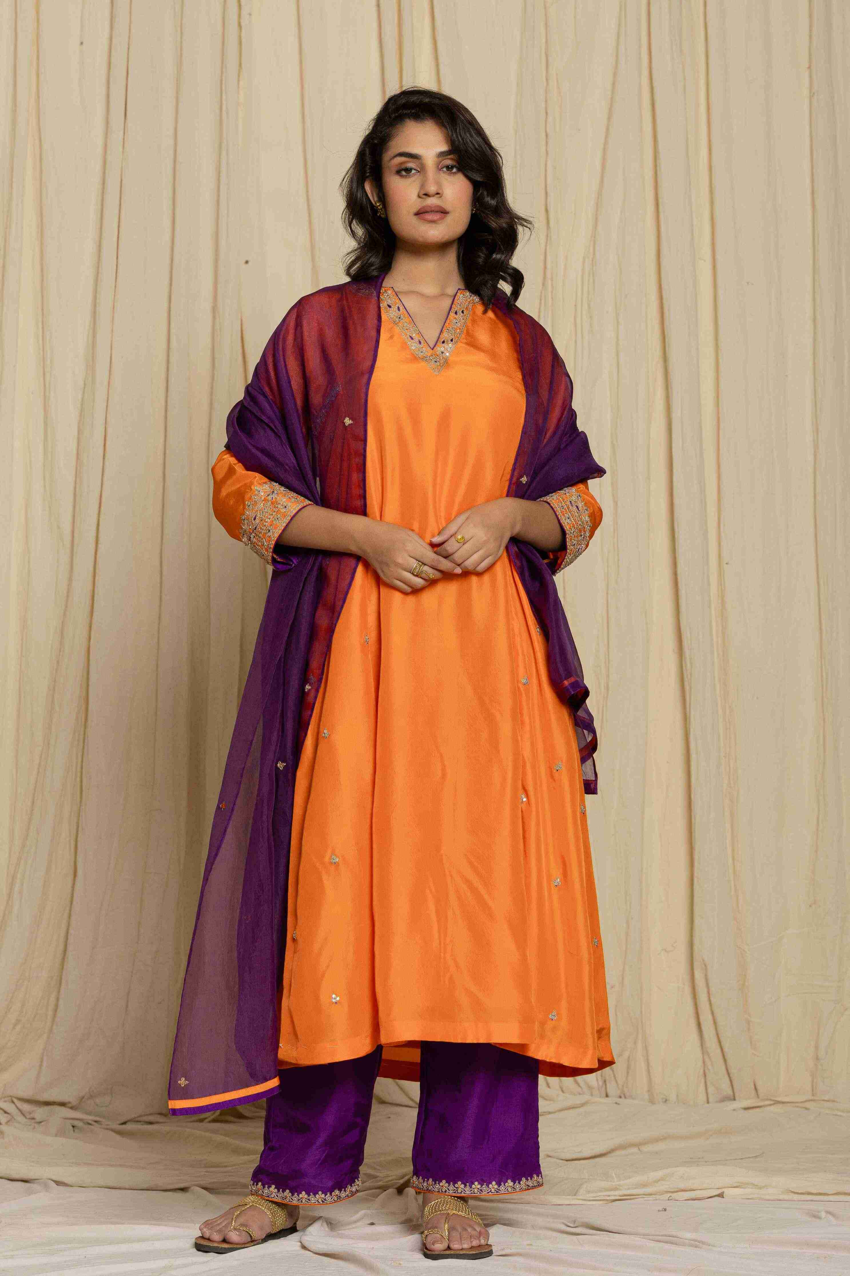 Orange-Purple handwork kurta set