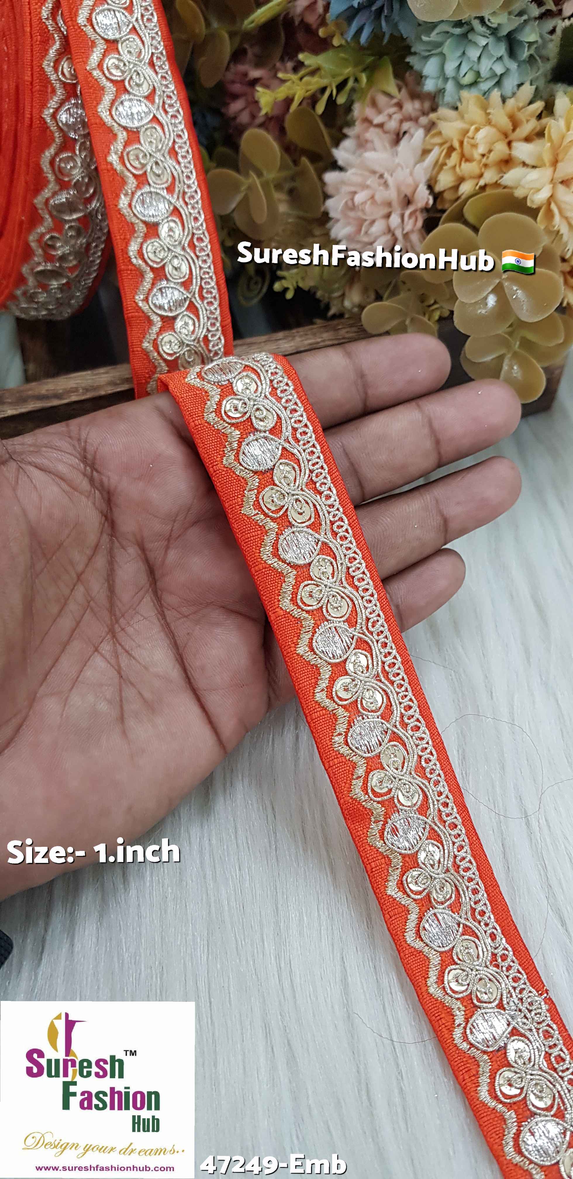 Orange Floral Pearl Embroidery Lace