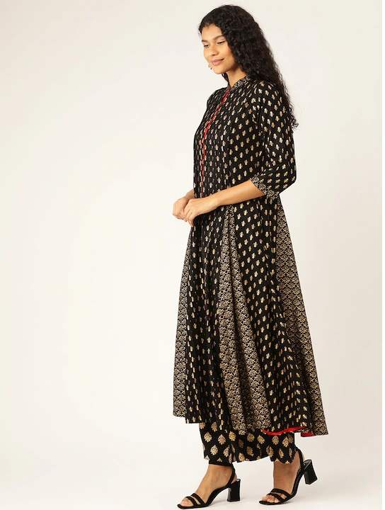 Women Black & Golden Printed Kurta with Palazzos