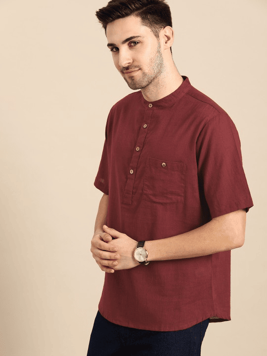 Men Maroon Pure Cotton Solid Kurta
