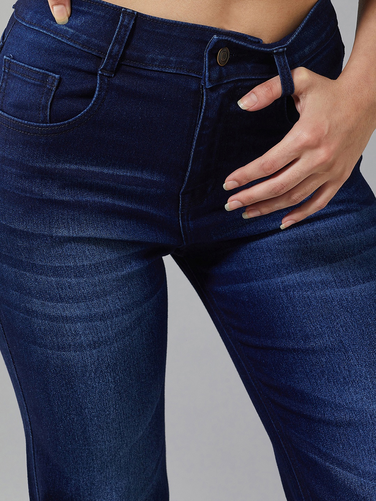 Women's Navy blue Wide leg Mid rise Clean look Regular Stretchable Denim Jeans