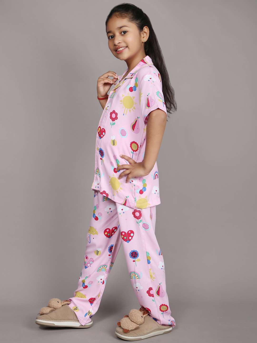 Ninos Dreams Girls Cotton Half sleeves Night Suit Pink Floral