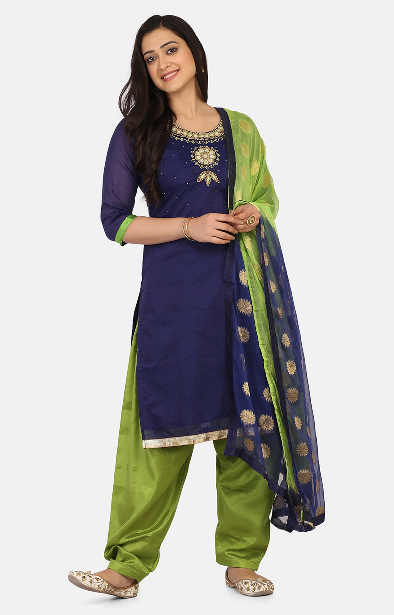 Shaily Navy Blue Color Cotton Blend Embroidered Unstitched Dress Material-VF_ASCNEVYBLU33_DM
