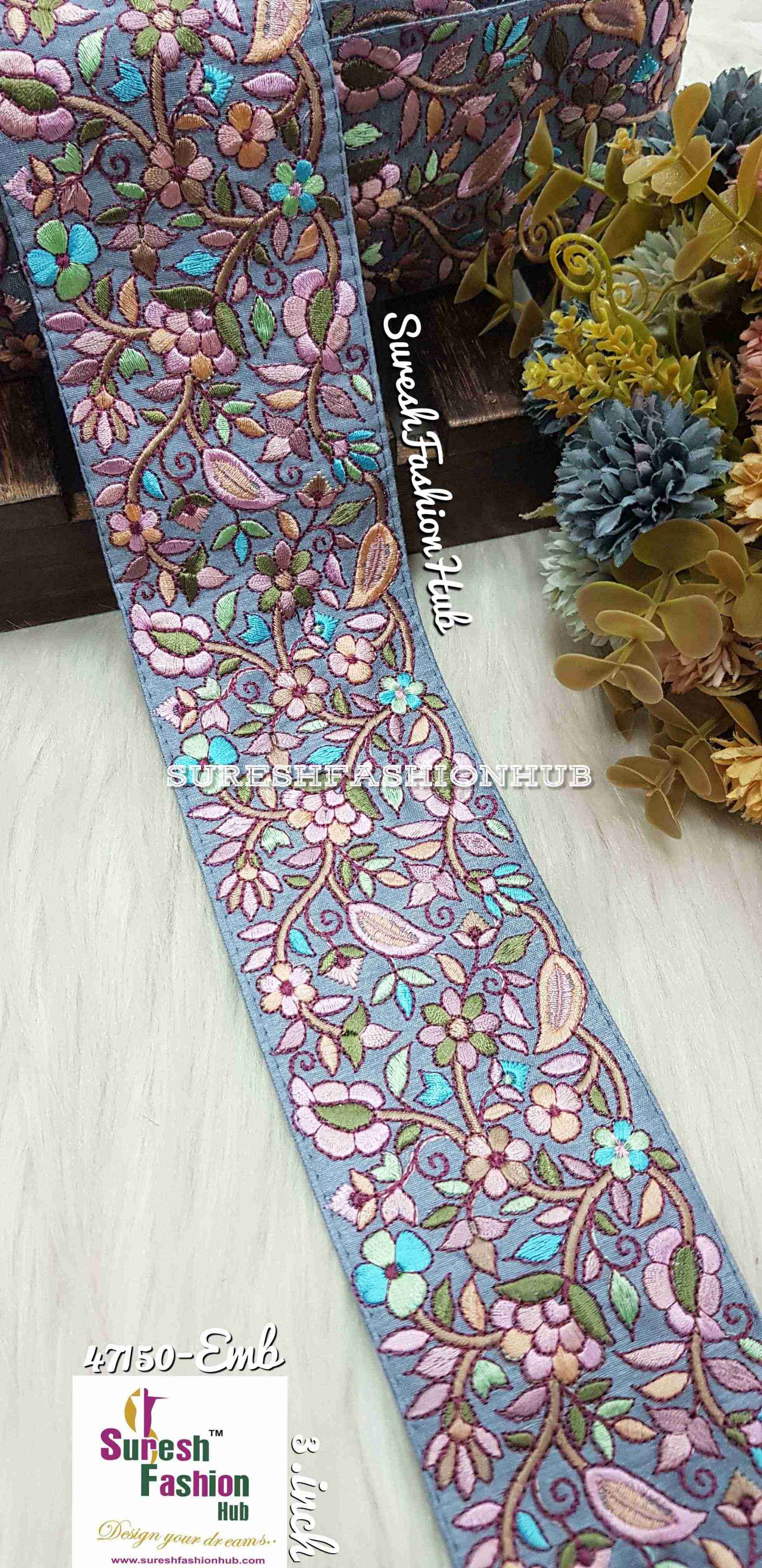 Grey Zoroastrian Elegance: 9-Meter Parsi Embroidered Borders
