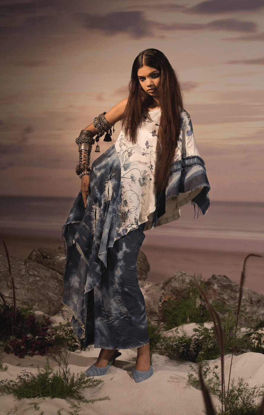 DENIM PANNEL ONE SHOULDER WITH LUNGI SKIRT