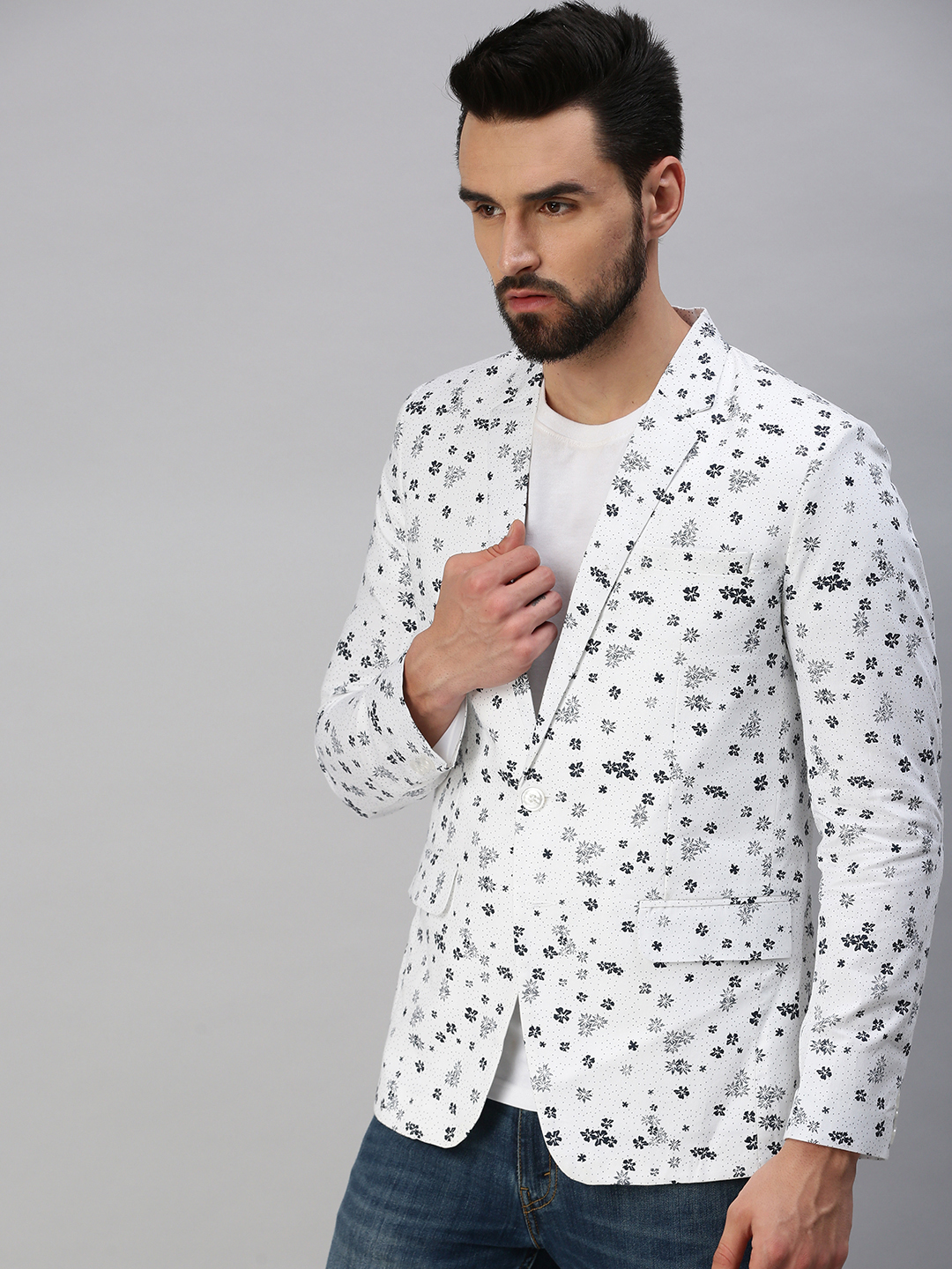 SHOWOFF Men's Notched Lapel Single-Breasted White Printed Blazer
