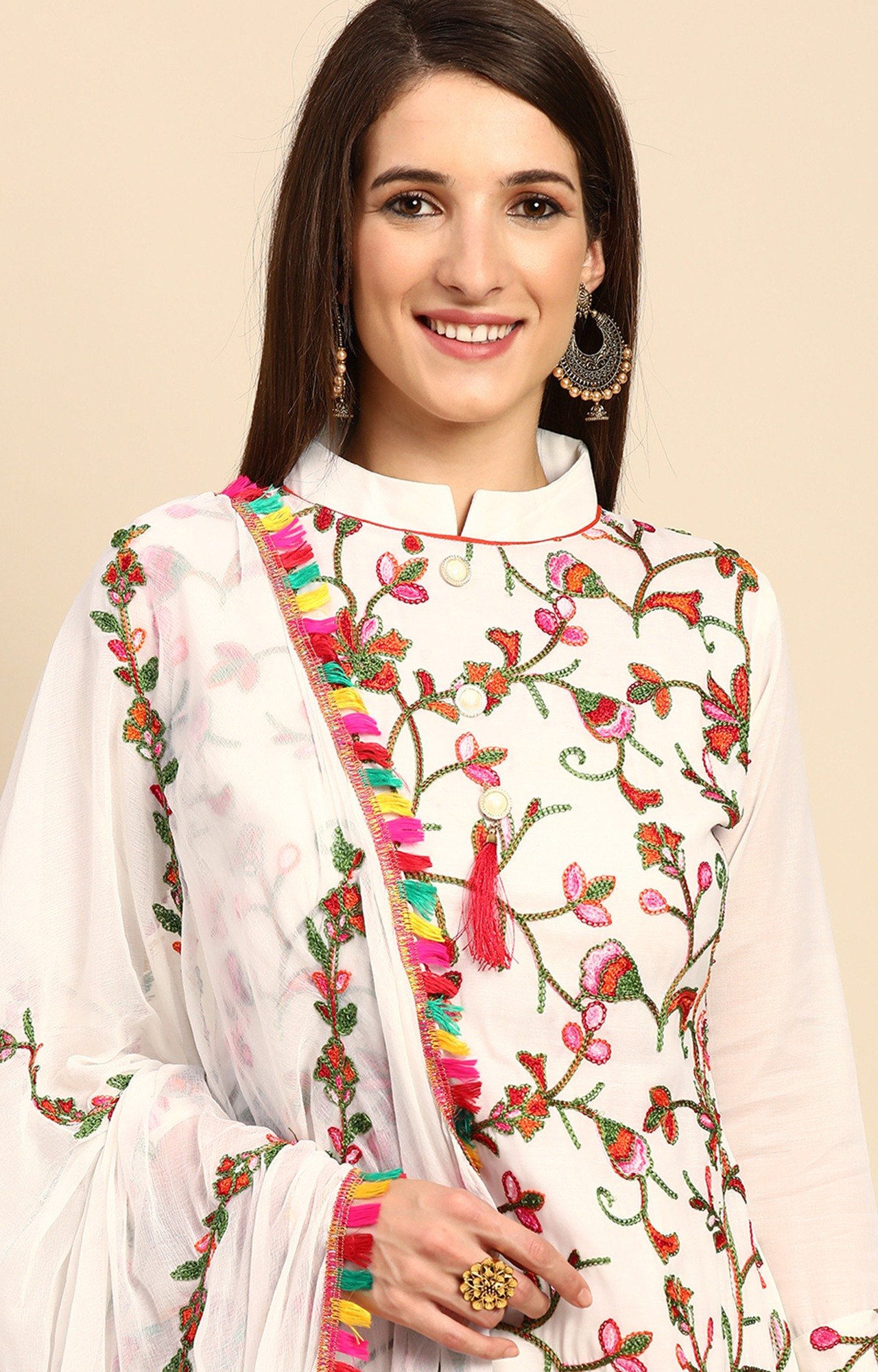 Shaily Women White Color Cotton Embroidered With Tessels Unstitched Dress Material-VF_LILY_WHTE_DM