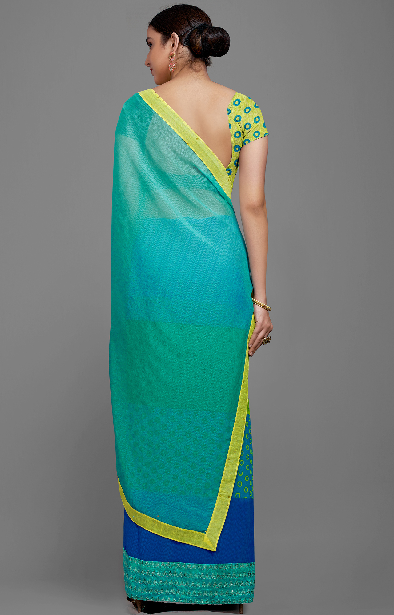 Women's Blue and Green Georgette Chiffon Blend Solid Printed Half N Half Saree-SHAMA6667SSSR004