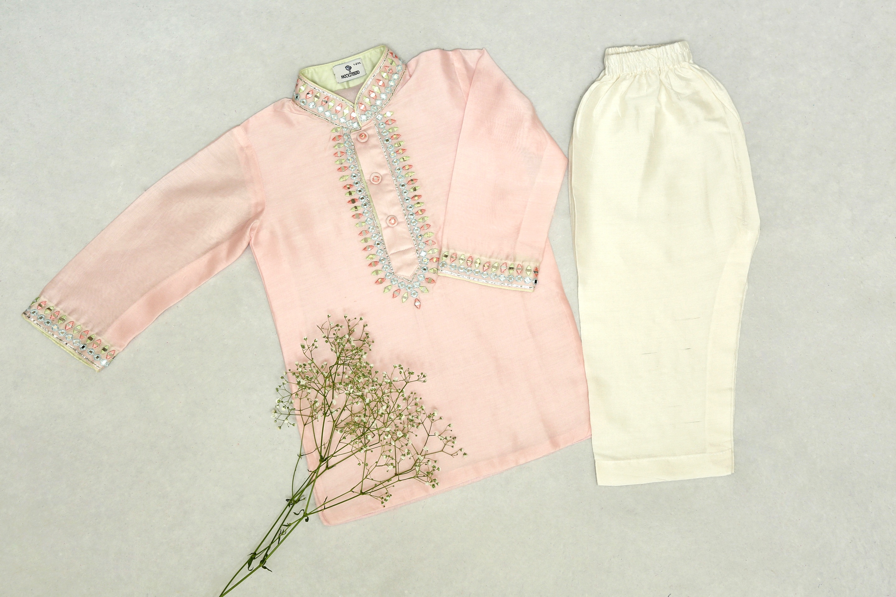 Pink kurta with Multi Mirror Work & Ivory Pyjama
