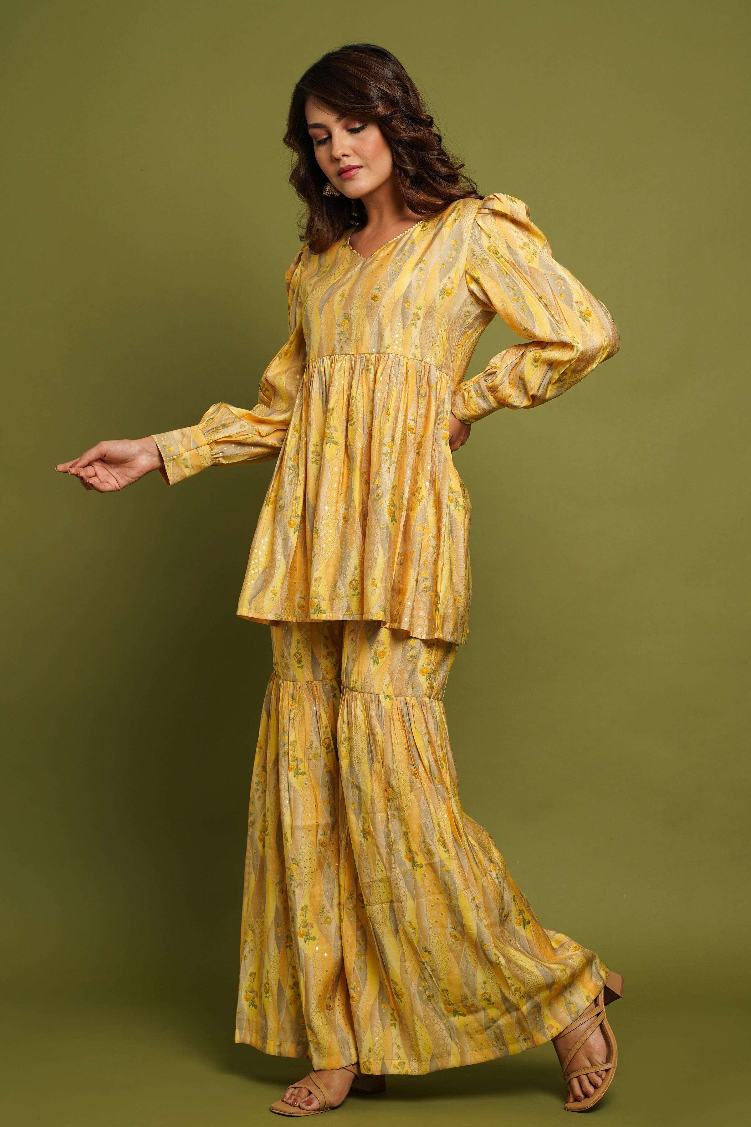Yellow Printed Kurta With Sharara