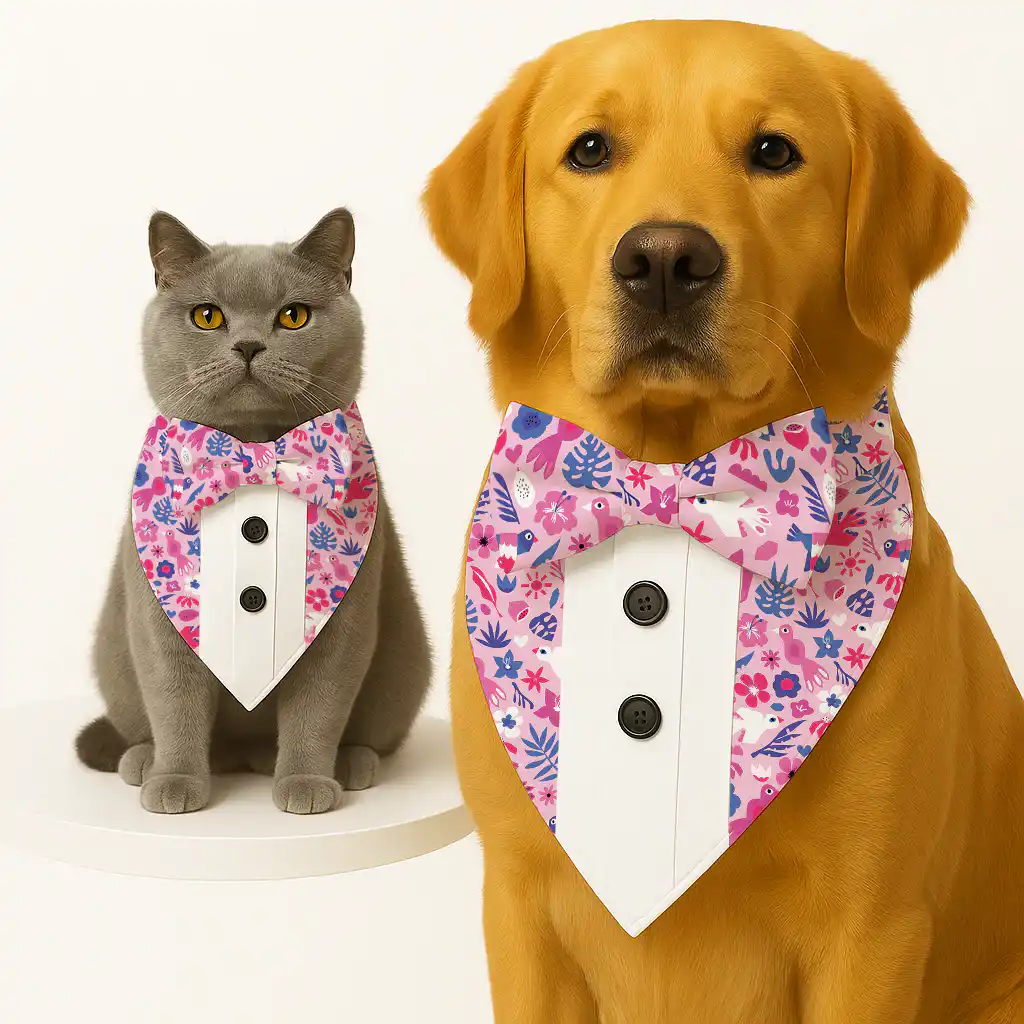 PawsIndia Birdsong Pattern Tuxedo Bandana with Matching Bow for Pets