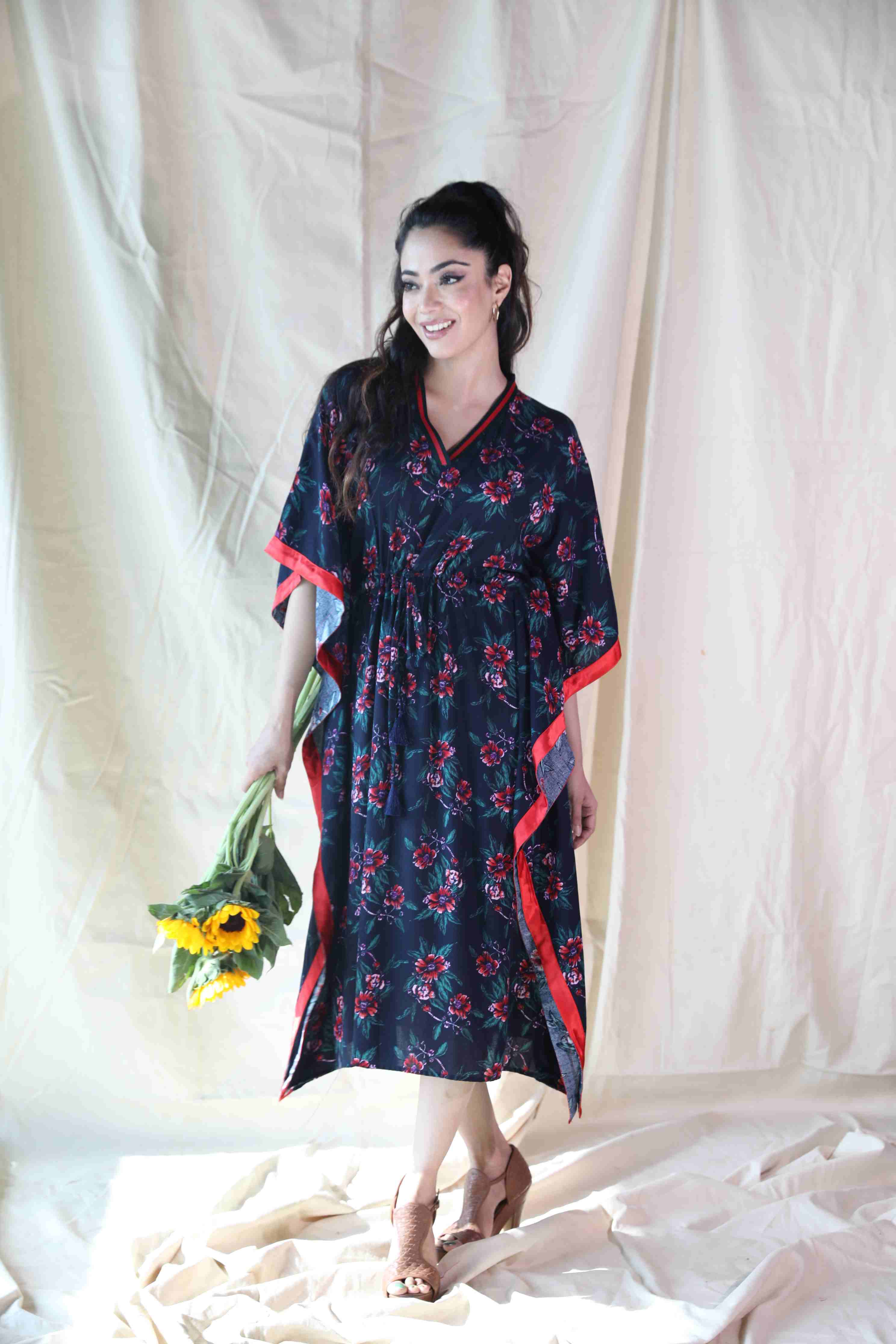 Navy Blue Floral Kaftan Dress