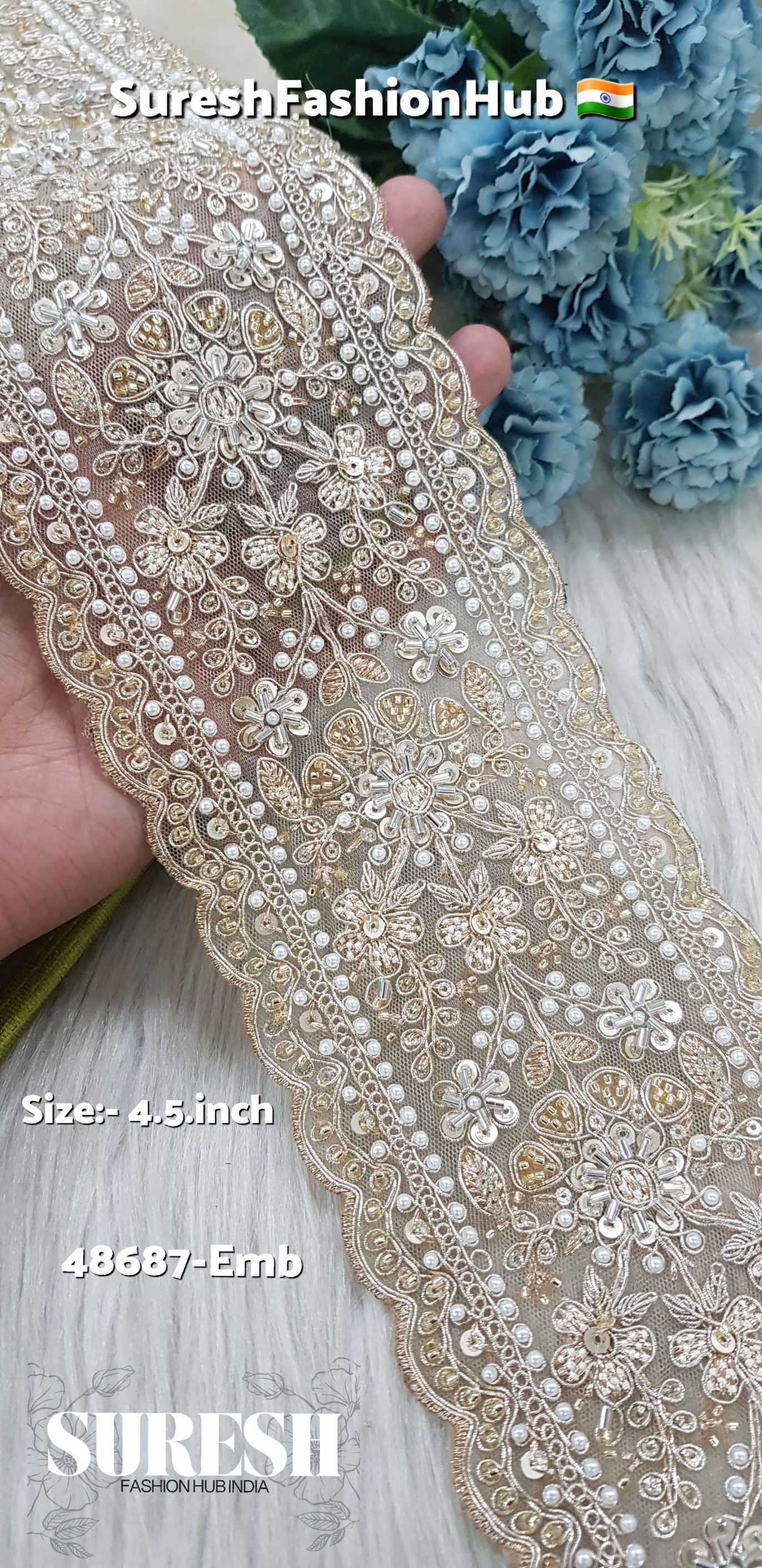 Pearl Gold Double Scalloped Floral Border – 48687-Emb