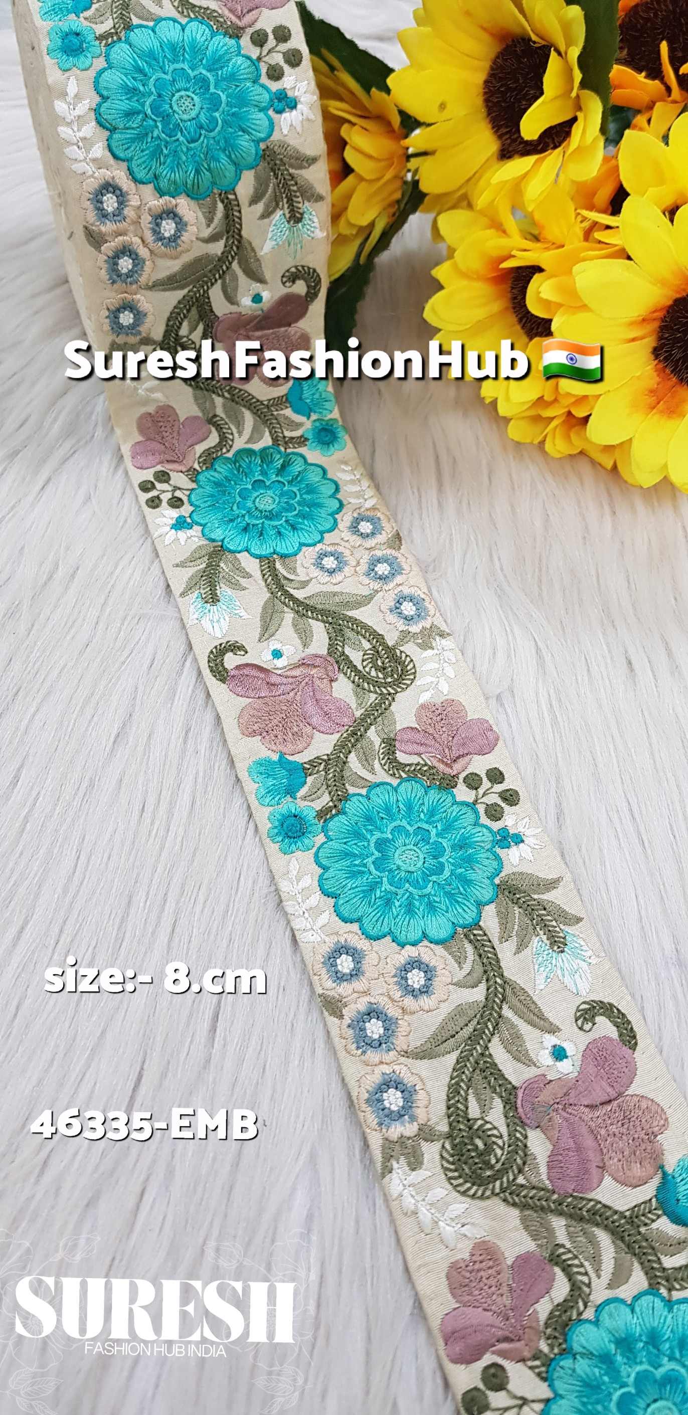Cyan Blossom Thread Lace – Beige Base