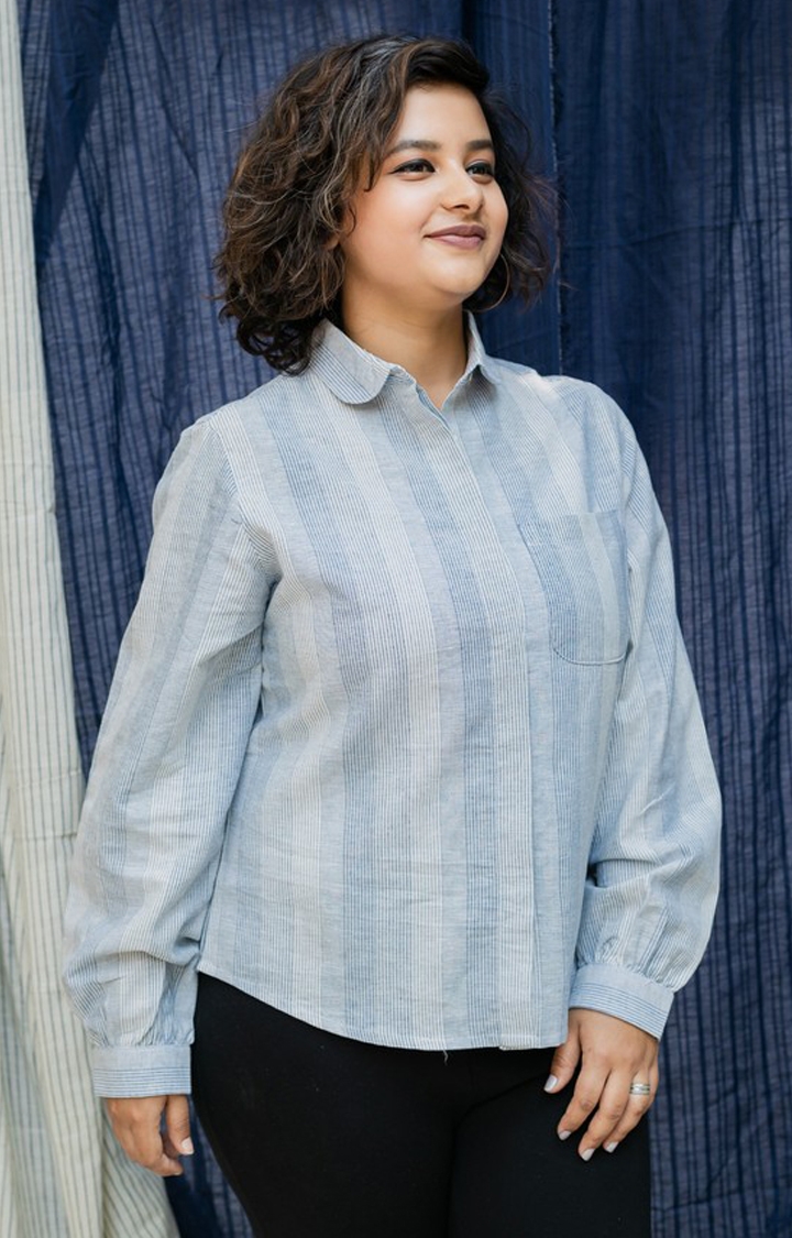 INGINIOUS Clothing Co. | Women's Blue Cotton Striped Casual Shirt 1