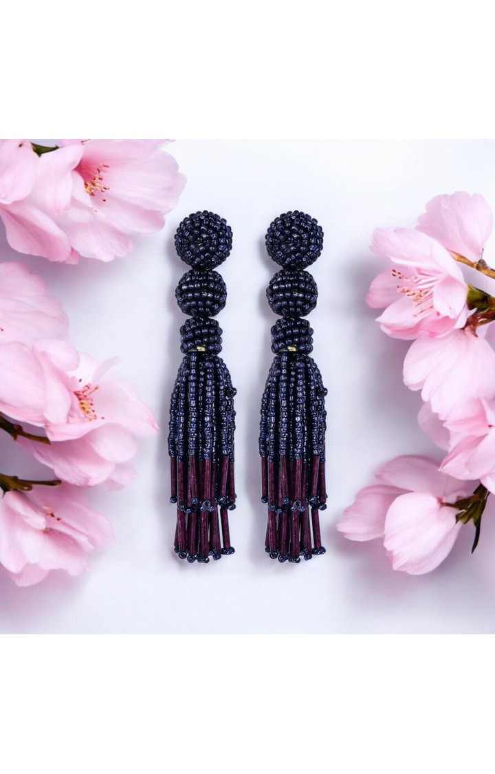 Chic Navy Blue Beaded Tassel Earrings - Sophisticated Statement jewellery