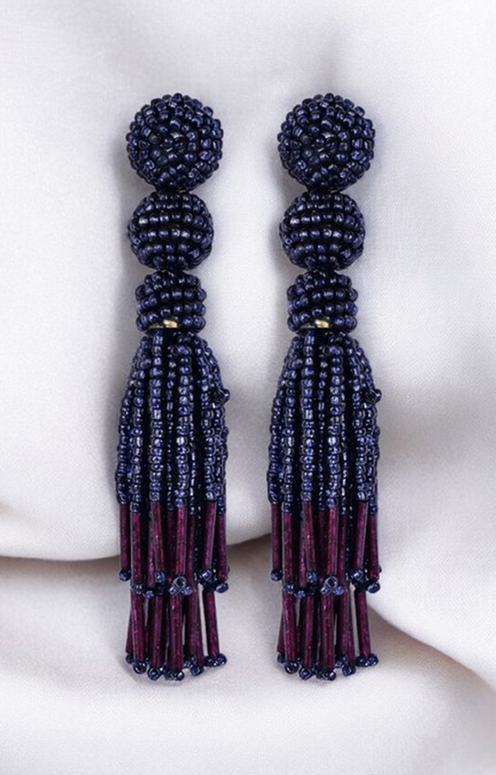 Chic Navy Blue Beaded Tassel Earrings - Sophisticated Statement jewellery