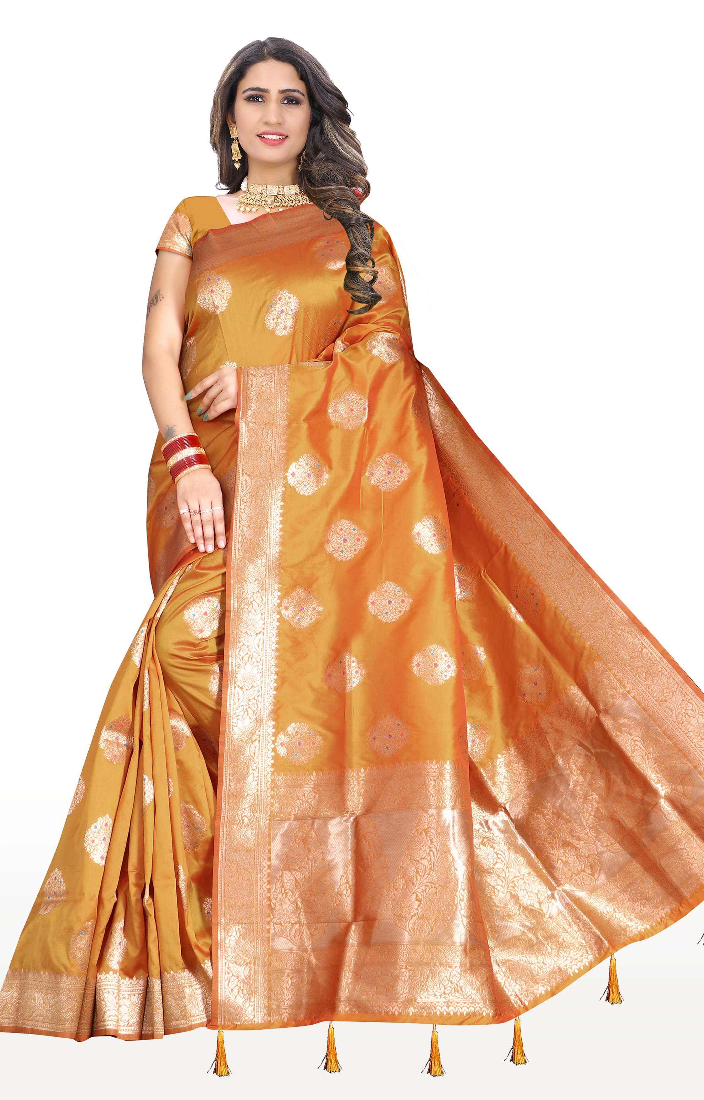 Glemora | Glemora Saree for Women Banarasi Silk Saree With Blouse (Yellow) 0