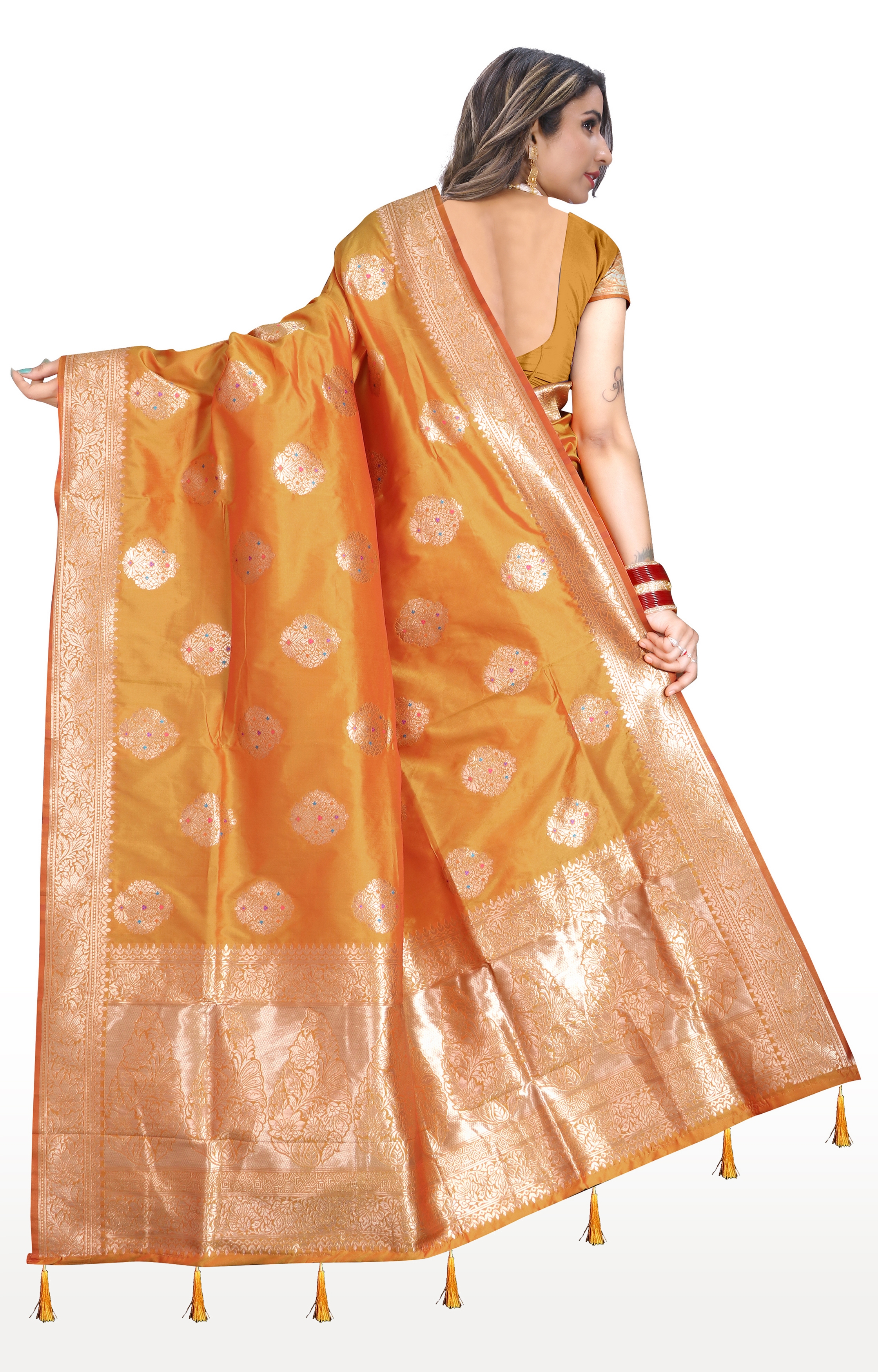 Glemora | Glemora Saree for Women Banarasi Silk Saree With Blouse (Yellow) 3