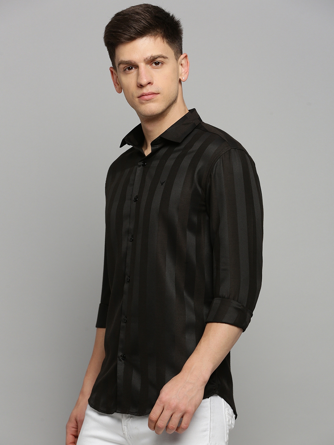 Showoff | SHOWOFF Men's Spread Collar Solid Black Classic Shirt 2