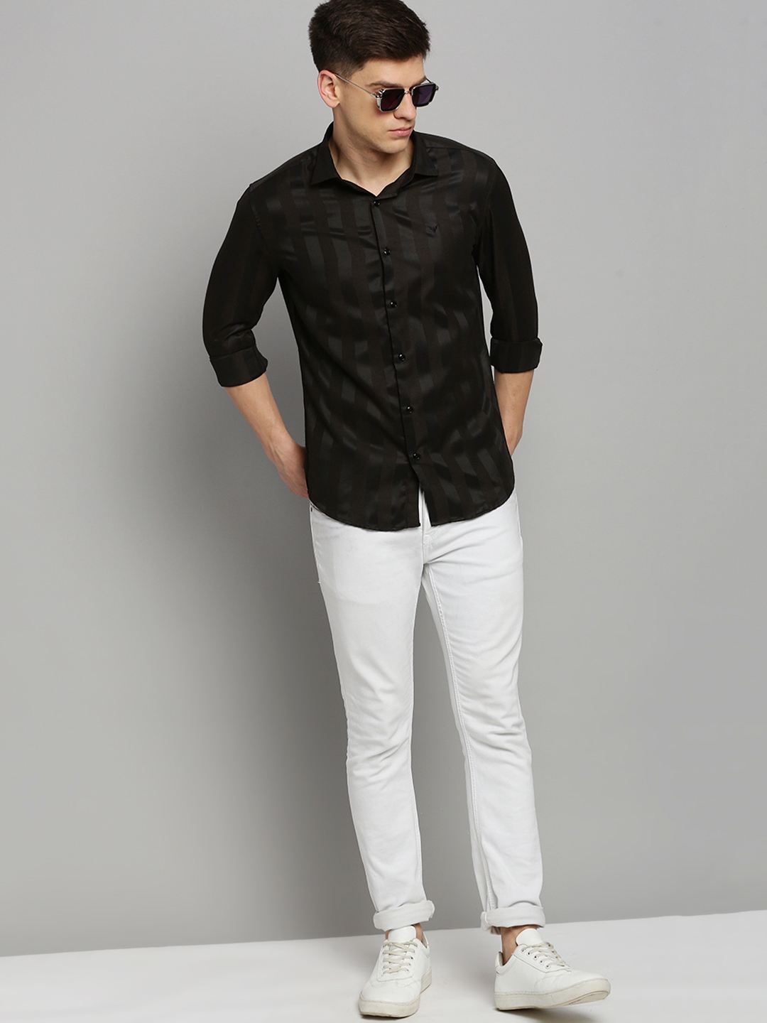 Showoff | SHOWOFF Men's Spread Collar Solid Black Classic Shirt 4